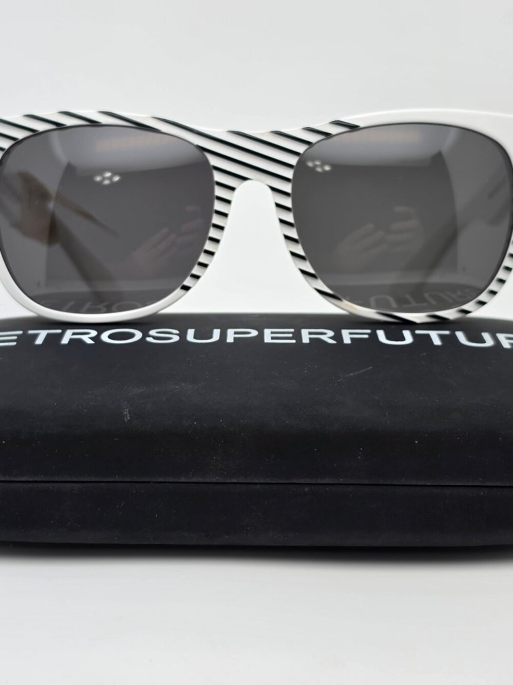 RetroSuperFuture Classic NY White Black Stripe Frame Grey Lens Sunglasses w Case